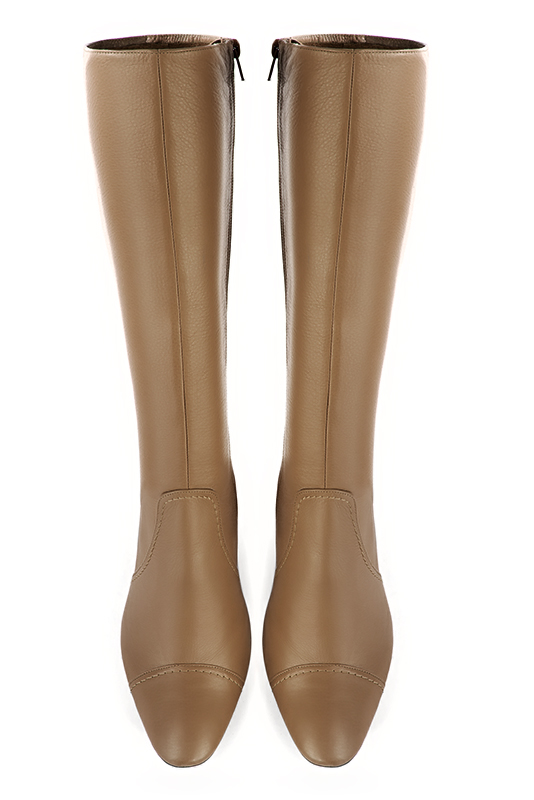 Camel beige women's feminine knee-high boots. Round toe. Medium block heels. Made to measure. Top view - Florence KOOIJMAN